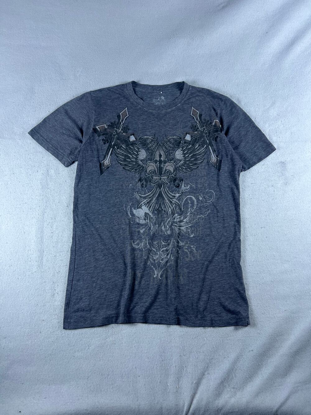 The Raw Uncut T-Shirt Men M Heather Gray All Over Print Wings Cross Fleur De Lis